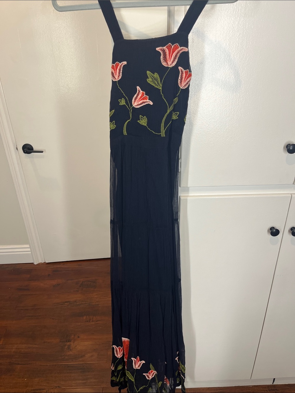 Anthropologie Navy Maxi Dress with Pink Floral Embroidery